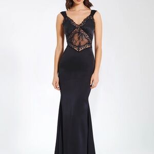 NWT Camila Black Satin and Lace Maxi Dress
